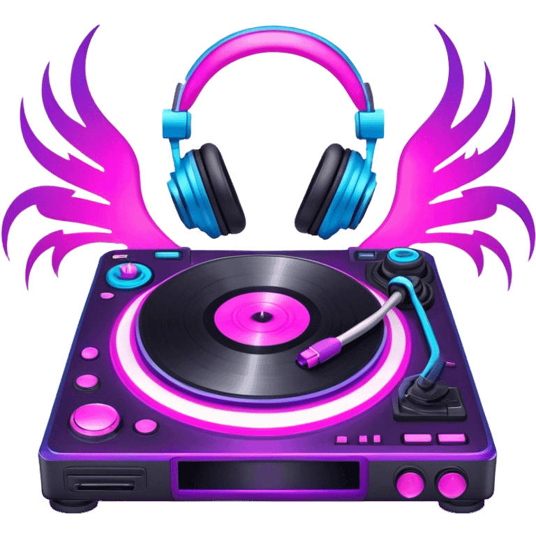 Create a dynamic and modern emoji that represents remixing music. The design should feature a turntable, a soundwave, and music editing software icons to symbolize the process of transforming original tracks. Add elements like a DJ controller or headphones to emphasize the remixing aspect. Use vibrant colors like neon pink, electric blue, and purple to convey the energy and creativity involved in remixing. The background should be transparent. emoji