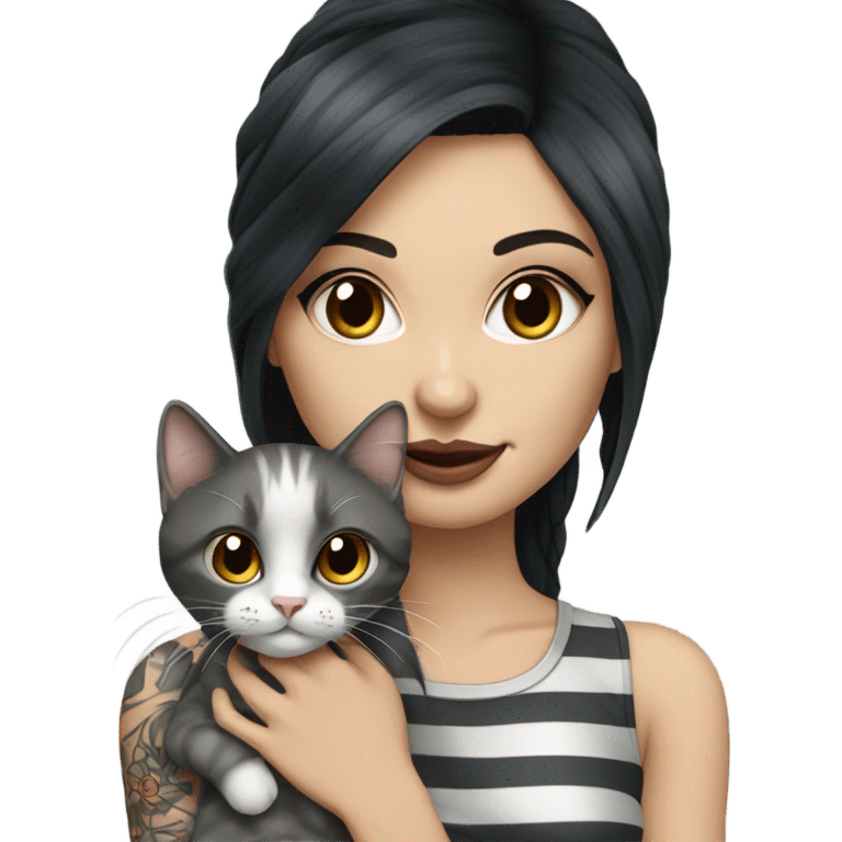 Beautiful dark haired tattooed woman holding gray and white stripe long haired cat emoji