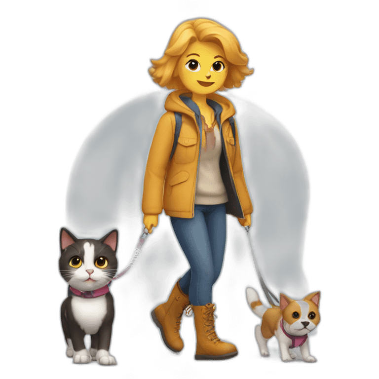 A cat wearing jacket and boots walking with a dog in the park emoji