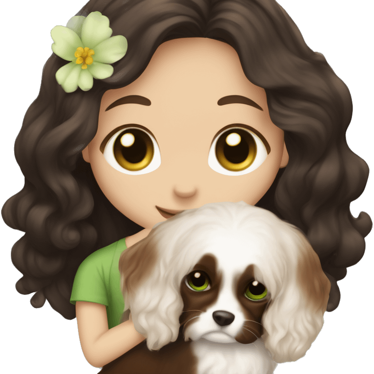 pale skin girl with green eyes with long dark brown hair that has a flower in her hair  snuggling a black and brown cavalier dog the dog also has a flower in its hair emoji