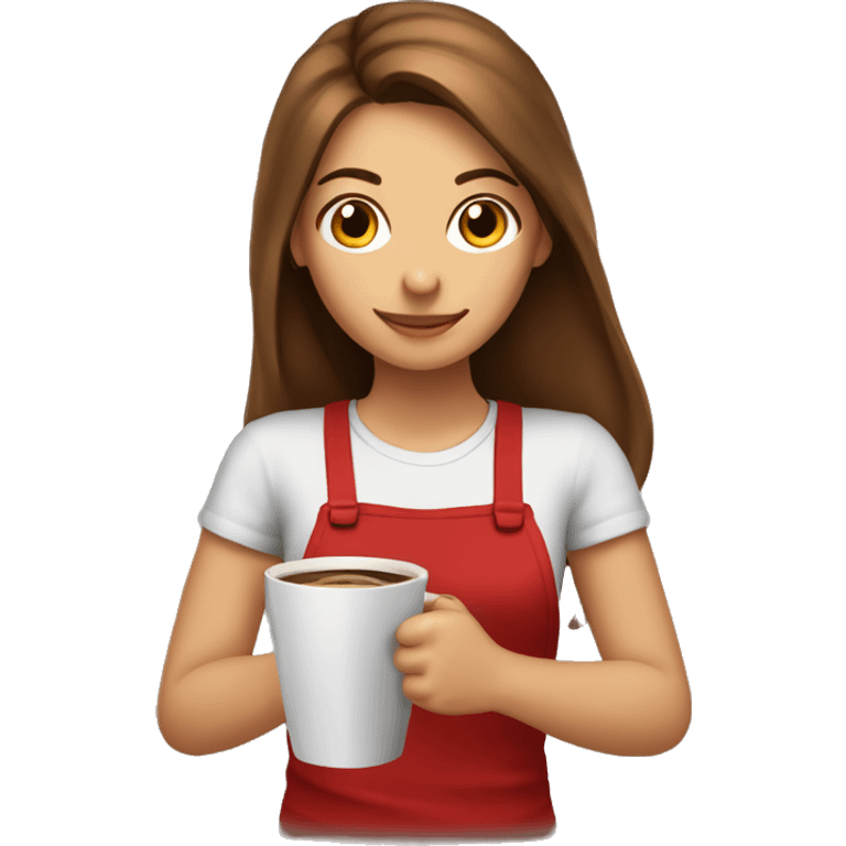 barista girl in a red t-shirt with long brown hair, with a cup of coffee in a hand emoji