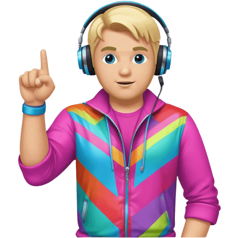 blond big man in colorful dj outfit pointing to one side emoji