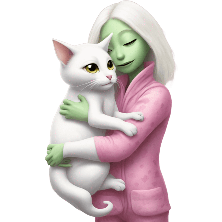 Reptilian alien woman meditation pink pajamas, hugs a white cat emoji