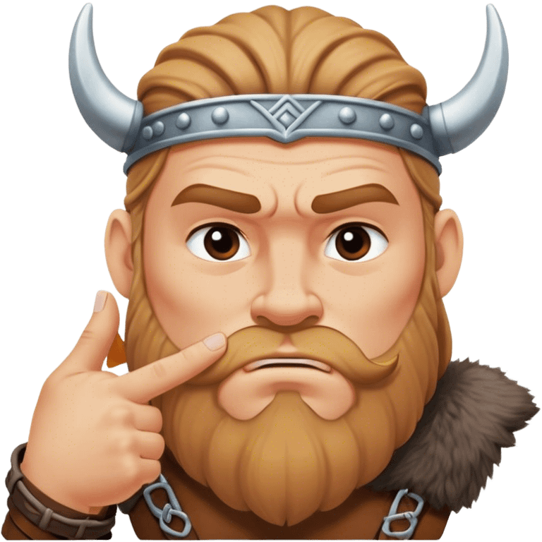  viking face with furrowed eyebrows looking upwards with thumb and index finger resting on its chin. emoji