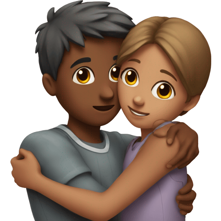 Girl and boy hugging with heart on top of them emoji