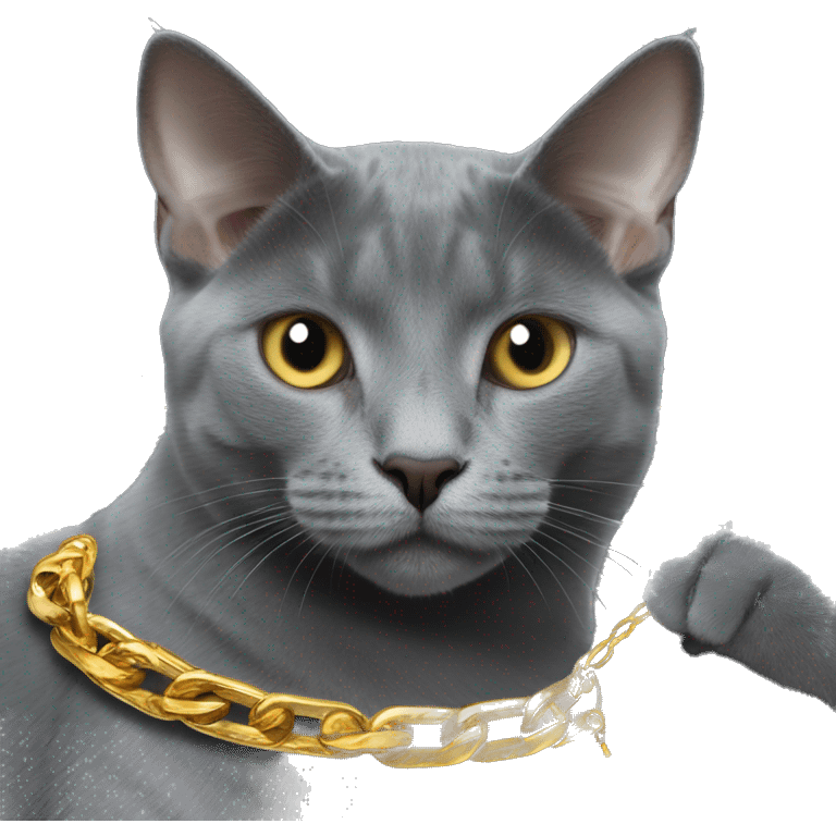 Russian Blue cat wearing a gold Cuban chain driving a Lamborghini emoji