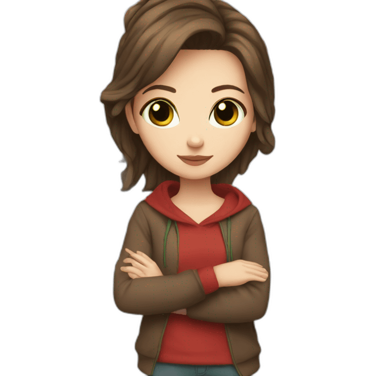 white girl with dark brown layered hair, green/brown eyes and red sweatshirt emoji