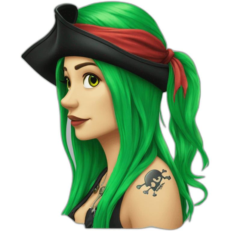 Woman long green hair hanging to one side in a platt, tattoo on side of head.  pirate hat. skull and crossbones t shirt emoji