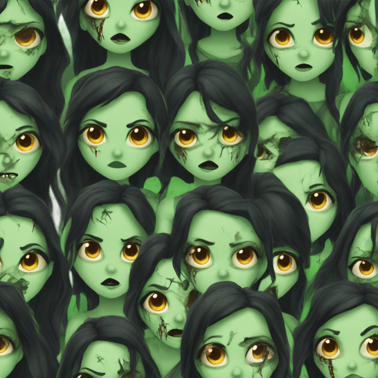 Brunette zombie girl in horror green skin and long black hair emoji