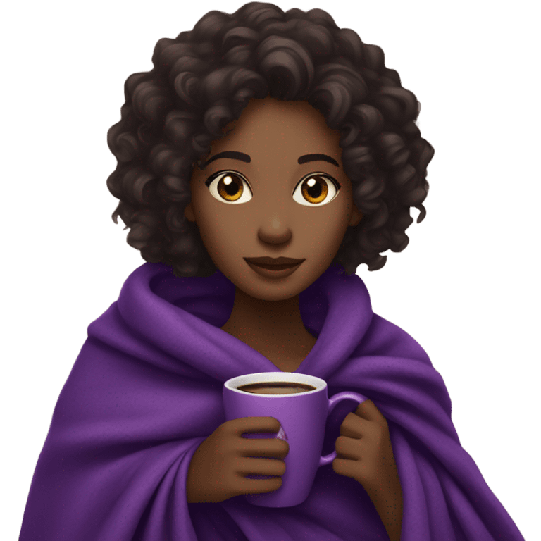 A black woman with dark brown eye and long curly hair  with a purple blanket wrapped over her shoulders, holding a purple mug of coffee emoji