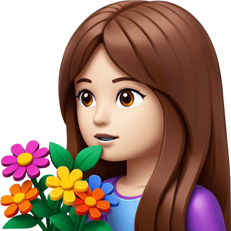 girl with long brown hair sniffing lego flowers emoji