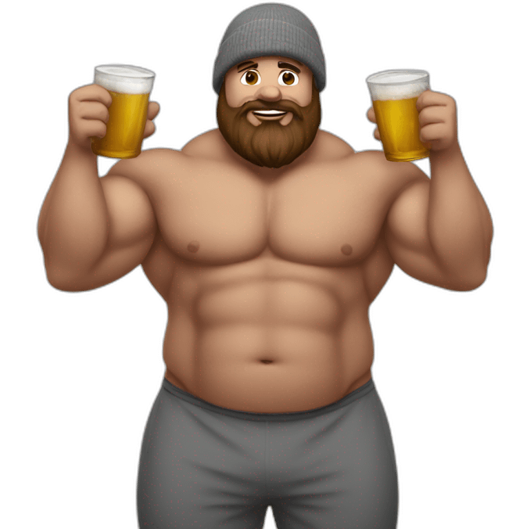 Fat Muscle builder in grey sweats no shirt brown and brown beard red winter hat drinking emoji