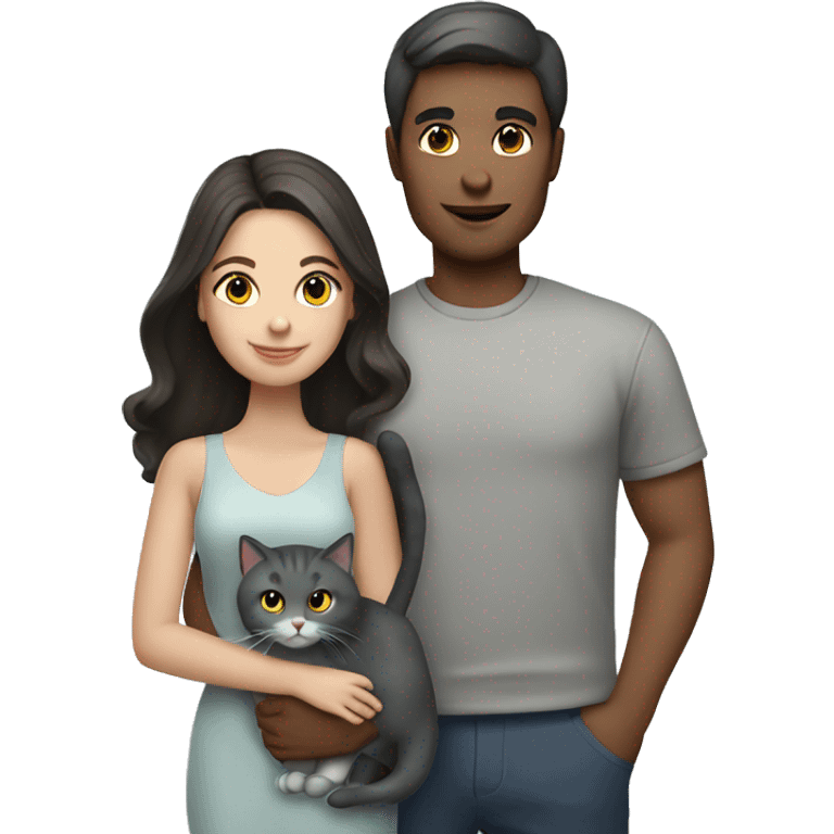 Lovely brunette couple with grey cat emoji