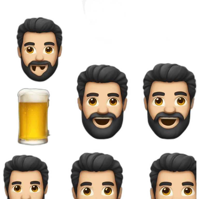 Man black hair and beard winking am eye with a pint of beer emoji