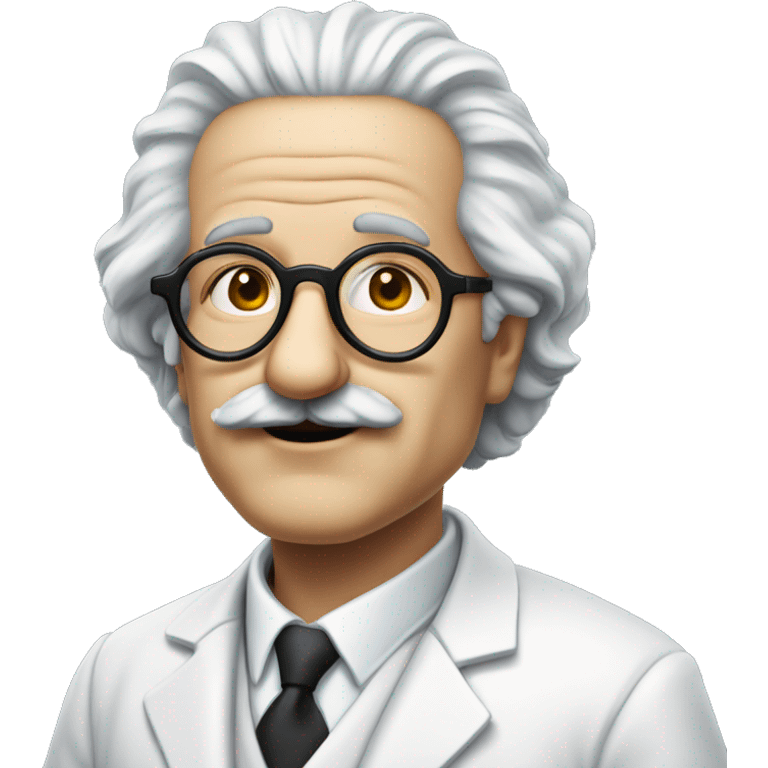 a scientist similar Albert Einstein, bald over head, with black hair on the sides of his head, a large black mustache and circle like sunglasses. Wearing a white suit. emoji