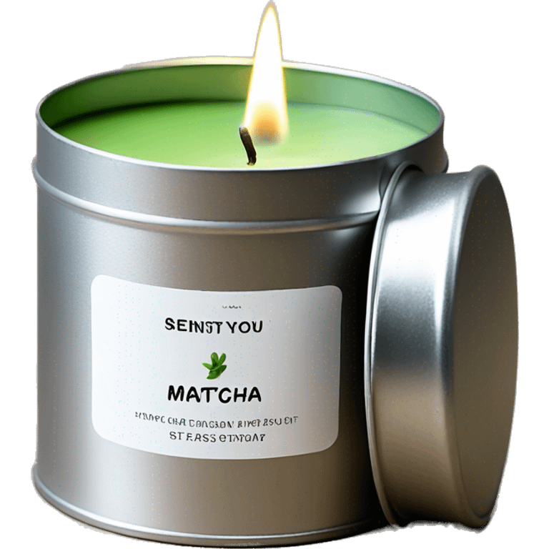 matcha scented candle in a silver tin with a small white label realistic emoji