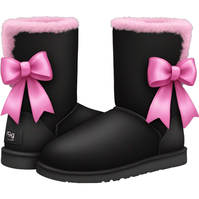 Realistic black Ugg fur boots with pink ribbon bows and stitching isolated.  emoji