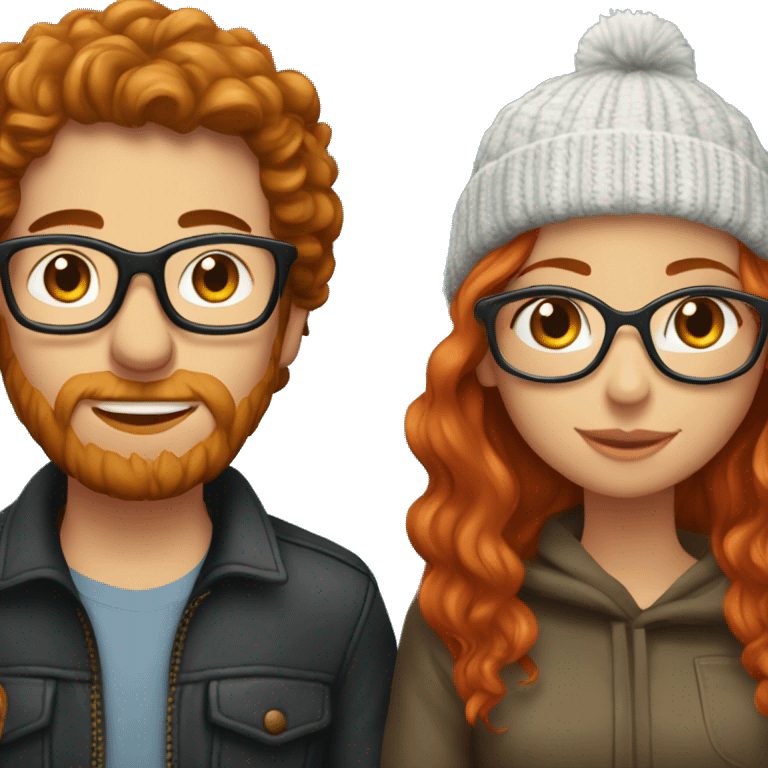 Red haired white couple kissing. Woman long hair with beanie. Man curly hair with glasses. emoji