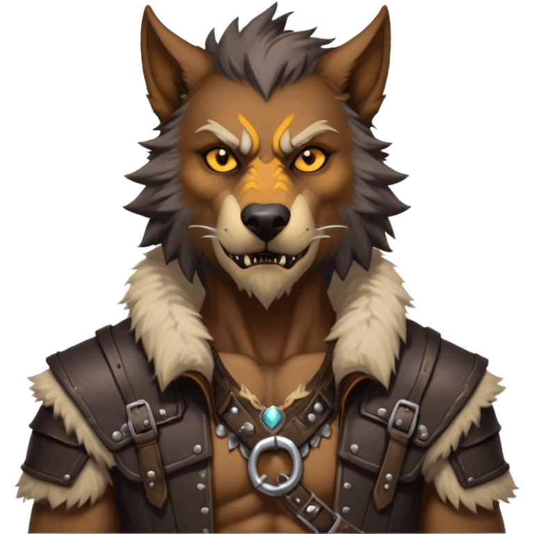 Cinematic Realistic WoW Worgen Portrait, head tilted epicly and inquisitively, showcasing the striking fusion of human intellect and beastly ferocity. His rugged fur and tanned skin, accented by piercing amber eyes and meticulously rendered worn leather garments, are bathed in dynamic lighting, high shine, epic and awe-inspiring, capturing the relentless spirit of a worgen at the apex of his power. emoji