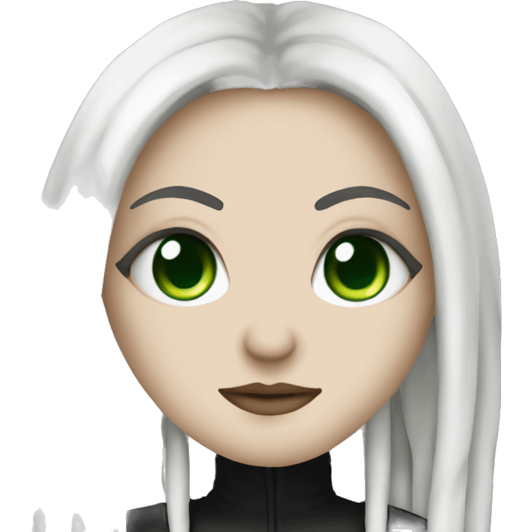 White girl, anonymous, cyberpunk black dreadlocks, green eyes, gothic emoji