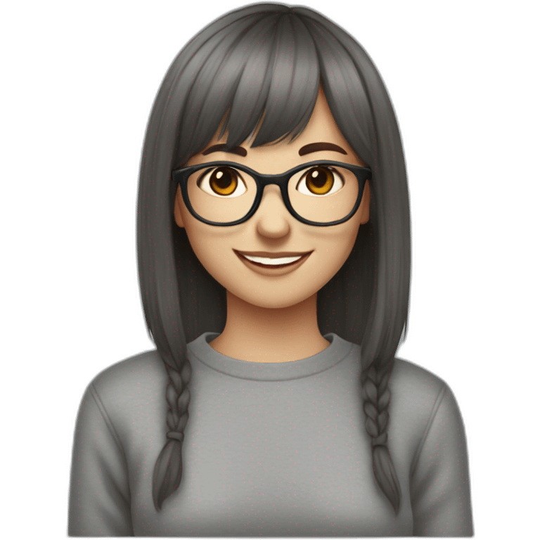 brunette teenager with short hair and bangs and glasses smiling winking gray sweatshirt emoji