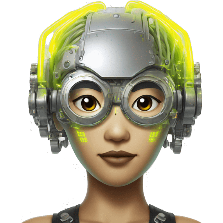 Neon yellow bobbed hair Asian female cyborg head with silver steampunk goggles and circuits emoji