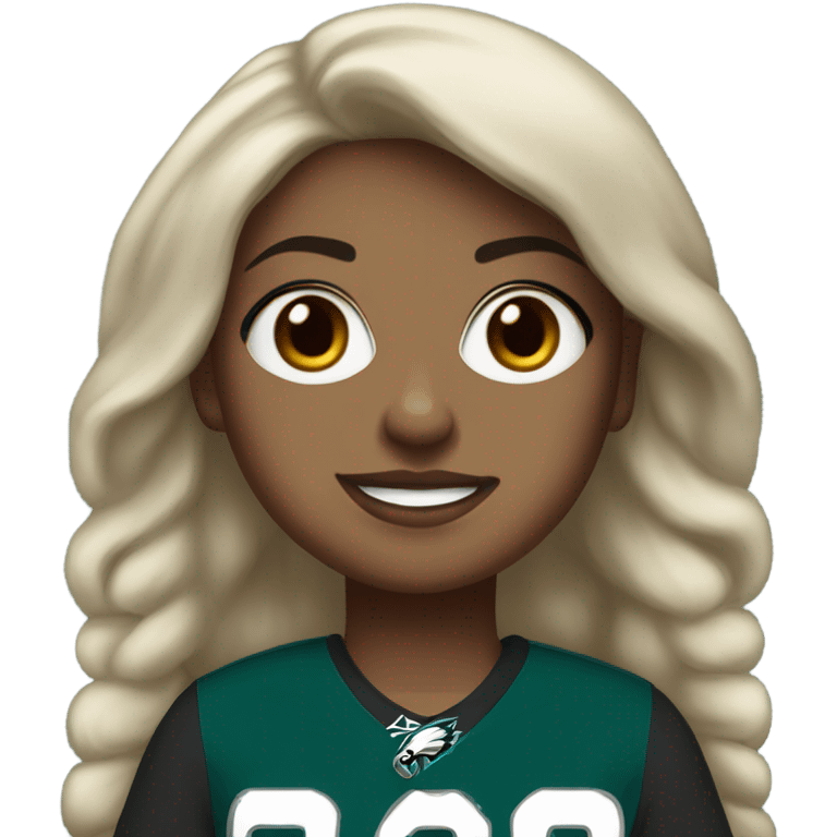 Whited skinned girl with brown hair wearing Philadelphia eagles jersey with number 26 emoji