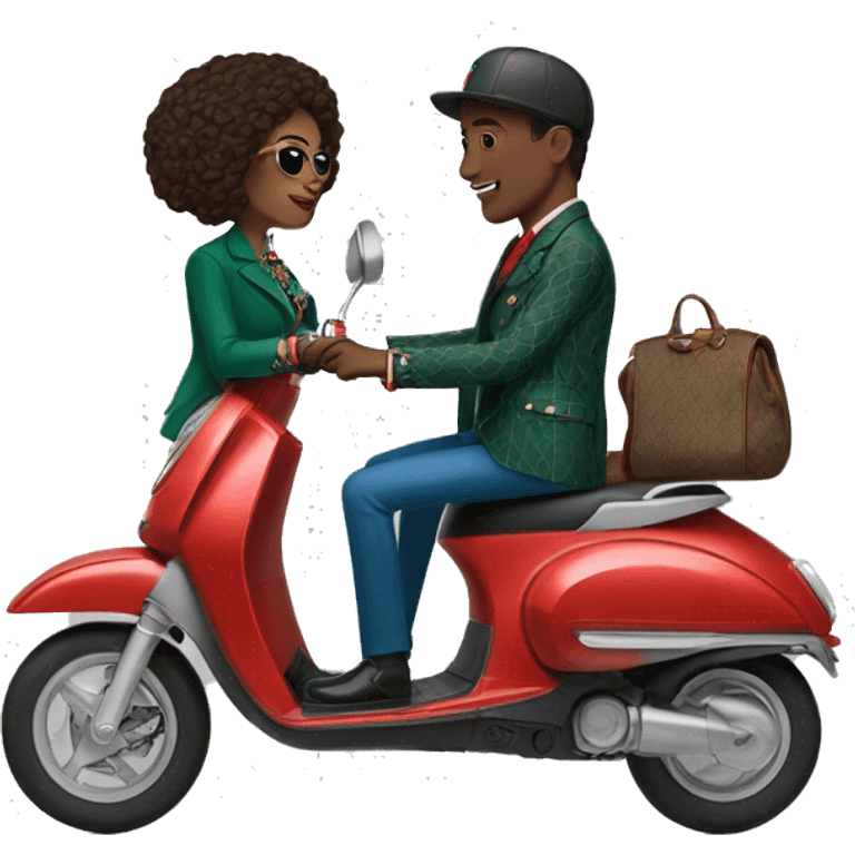 a woman and a man wearing gucci clothes on a e scooter emoji