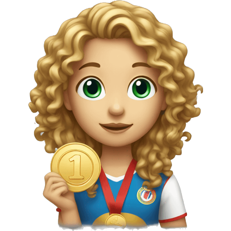 Genius girl with curly long hair holding a gold medal emoji