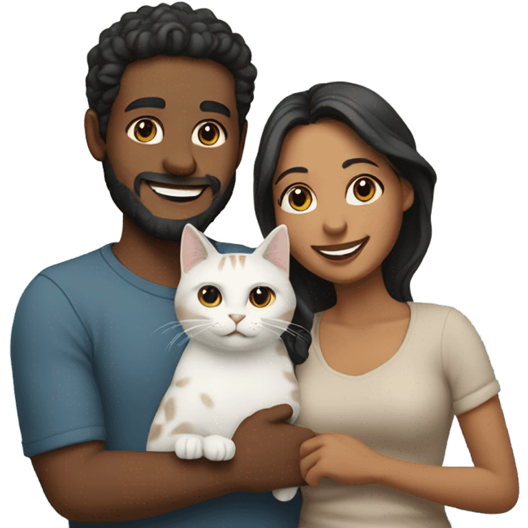 smiling couple by the ocean holding cat emoji