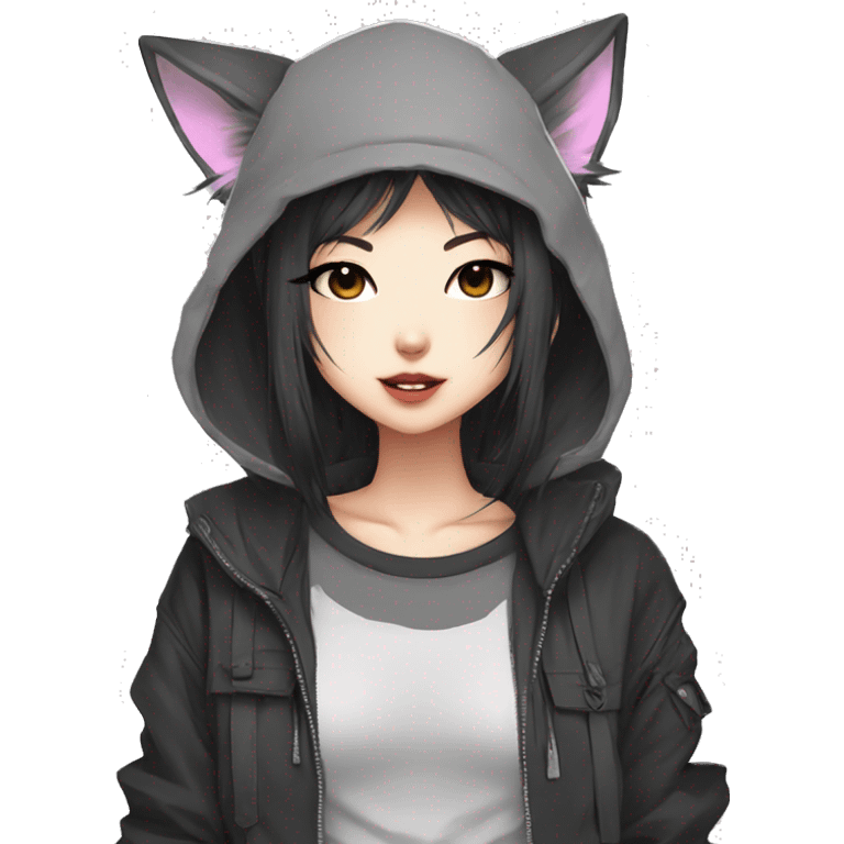 Edgy cool shy Asian urban beautiful pretty anime punk tomboy with cat ears techwear cargo pants hoodie collar  emoji