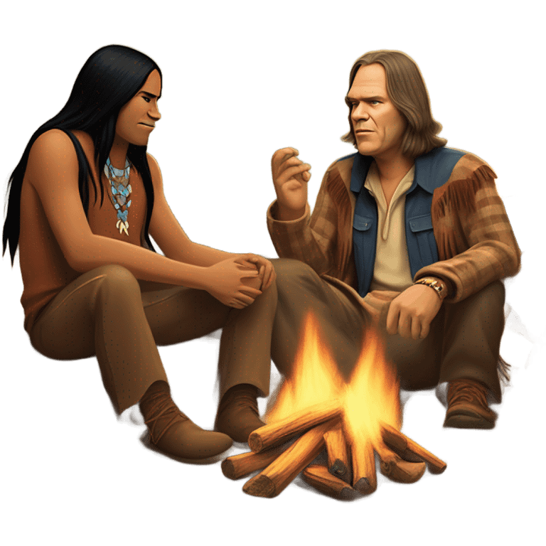 Neil young from the 70’s sitting around a fire with Pocahontas and Marlon Brando emoji