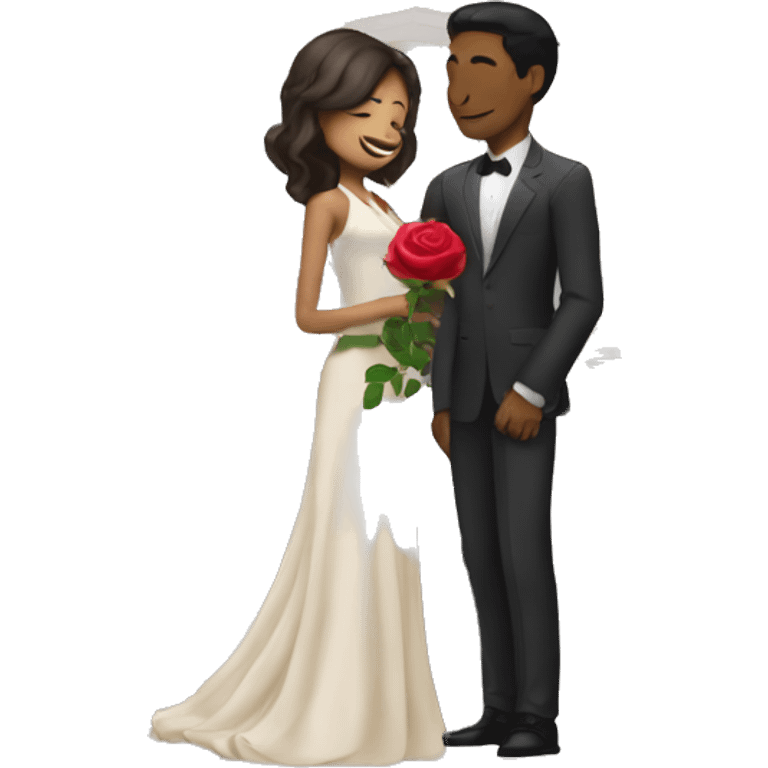 A girl wearing a suit holding a  rose and purposing a tall dusky guy infront of a temple  emoji