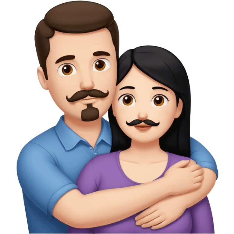 Couple, Tall strong white man with brown mustache goatee hugging a chubby short pale woman with long black hair emoji