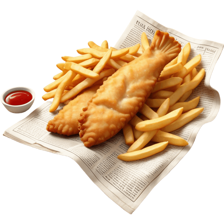 Fish and Chips Cinematic Realistic Fish and Chips Dish Emoji, depicted as a crispy battered fish fillet and golden chips served in traditional newspaper wrapping, rendered with lifelike textures and warm natural lighting that captures its iconic British street food charm  . emoji