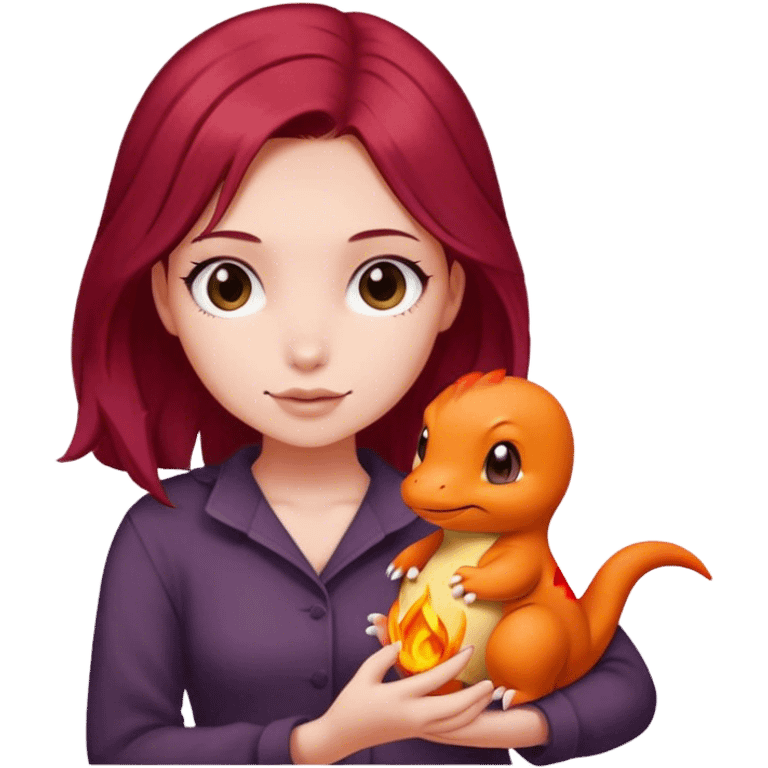 Beautiful burgundy haired girl holding charmander emoji