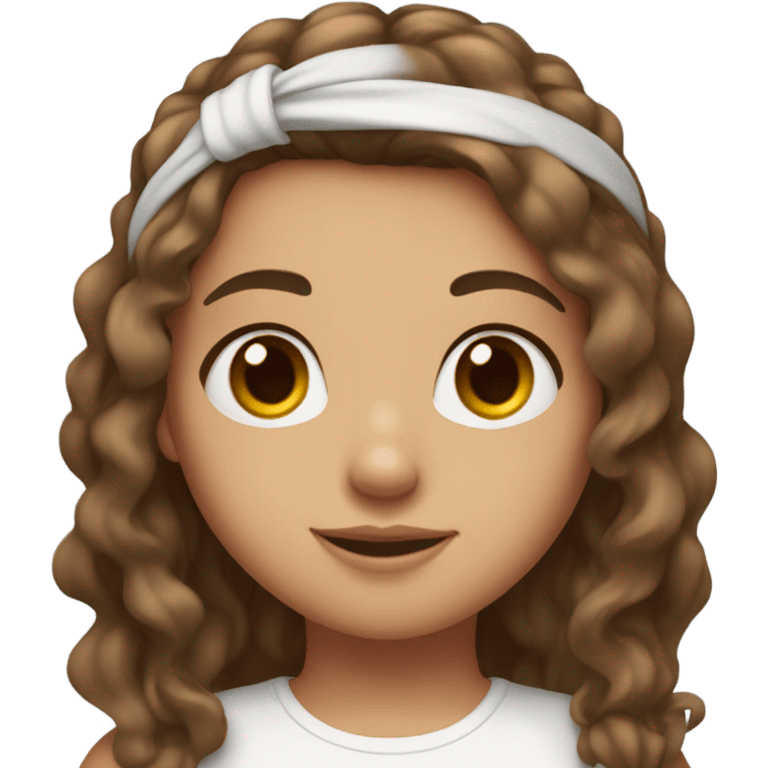 Girl with Brown hair, wavy long hair, Brown eyes, tee shirt White and Headband in the hair and clear skin emoji