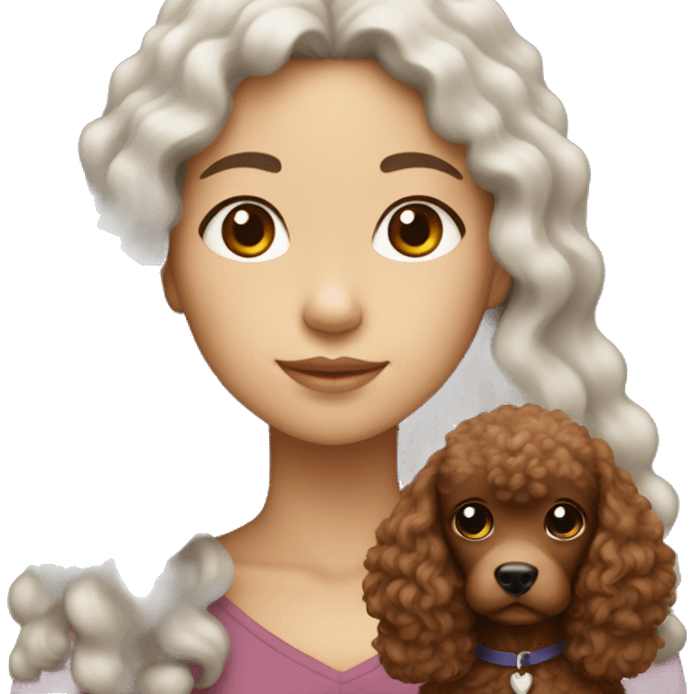 White Asian girl with long curly hair holding a brown poodle emoji