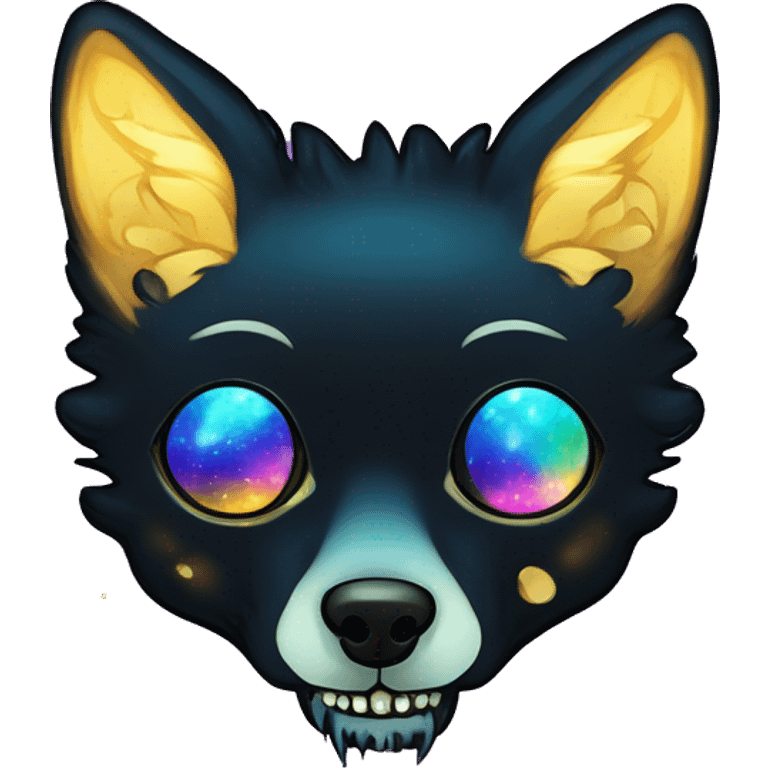 Black iridescent fluffy dog fox head zombie skull skeleton gold mechanical nebula galaxy stars colorful flowers fairy lights vintage emoji