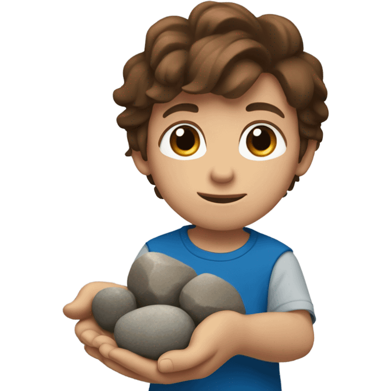 boy with brown hair and blue eyes. holding rocks emoji