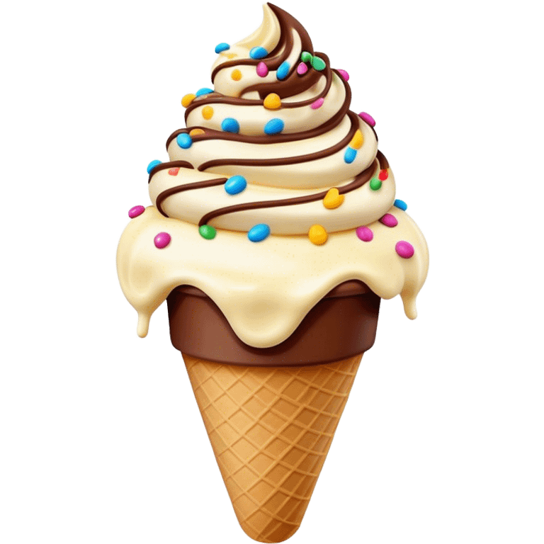 Cinematic scoop of rich, creamy ice cream, slightly melting, smooth swirls of chocolate and vanilla, colorful sprinkles on top, warm glowing background, playful and inviting. emoji