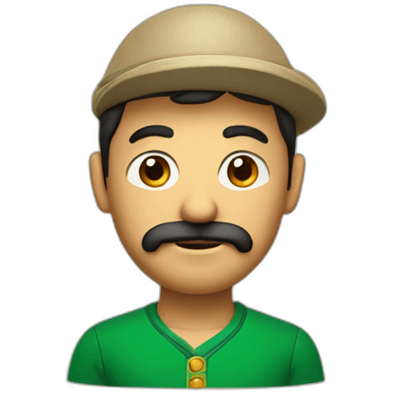 Mexican character with little beard, big eyes, wide nose, triangular eyebrow and green polo shirt and a French beret emoji