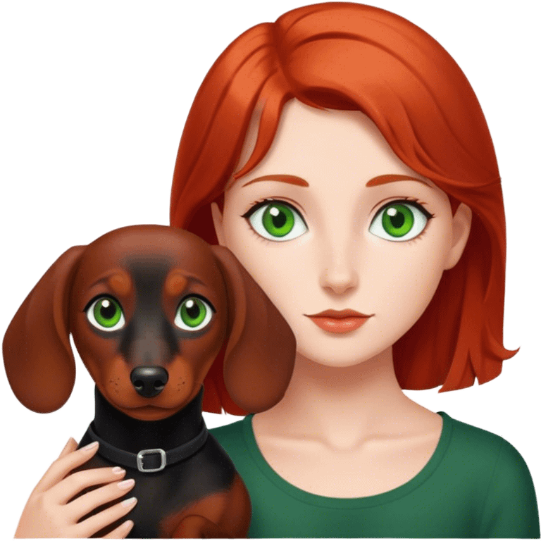 Red haired girl with green eyes and black short haired dachshund  emoji