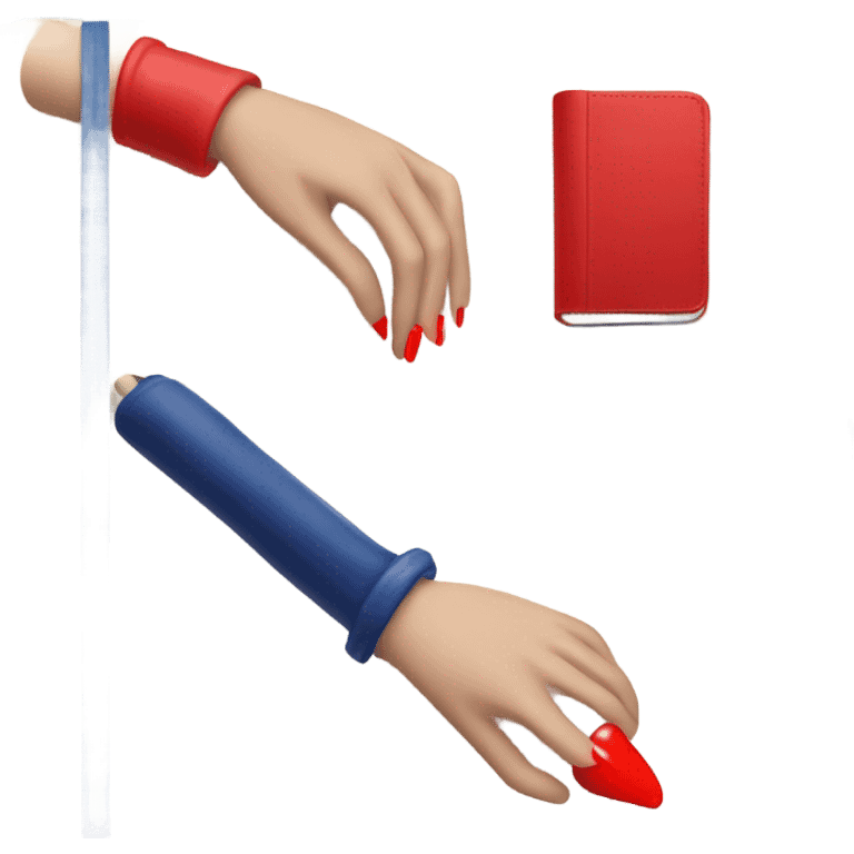 a hand with a red manicure holds a dark blue diary emoji