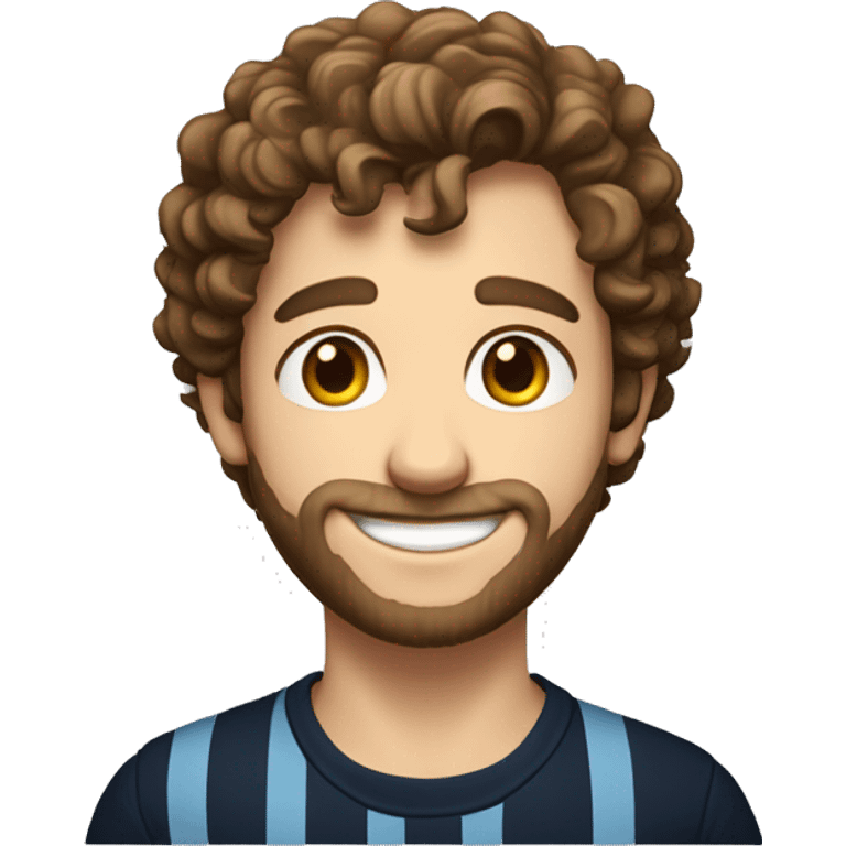 young man with short, curly brown hair and a trimmed beard. He has blue eyes and a fair complexion. He is smiling softly and is wearing a dark shirt with the logo of "Stripe" on it emoji