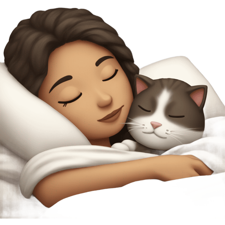 brunette girl sleeping and cuddling with her cat emoji