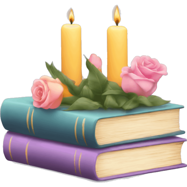 Vertical stack of books with candles and flowers surrounding make the colors pastel emoji