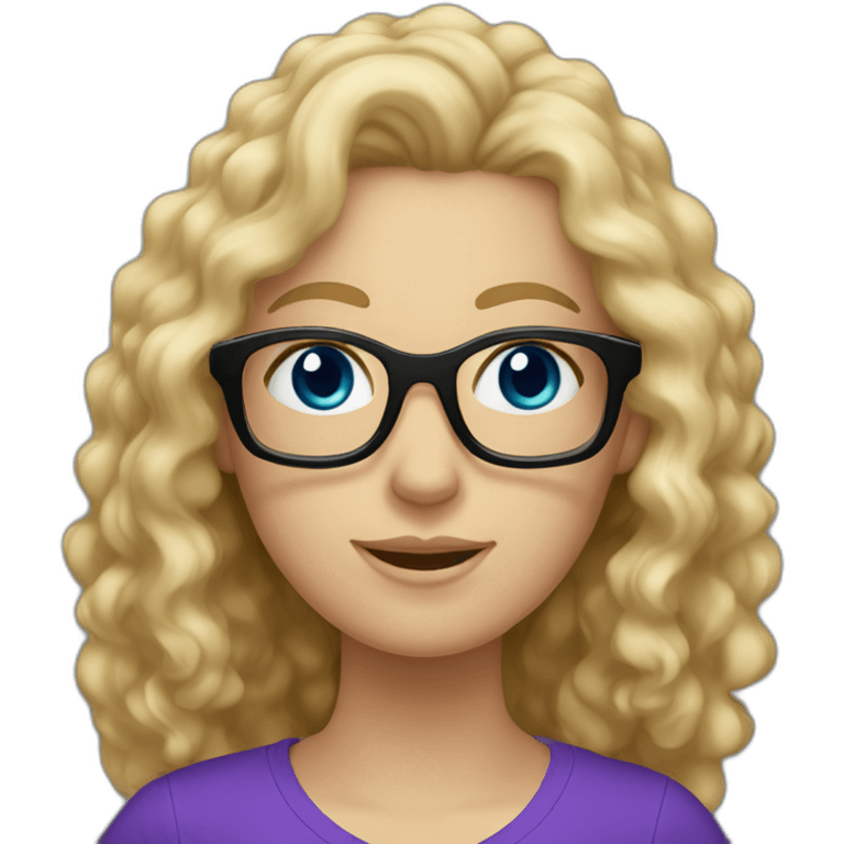 caucasian curly blonde long haired blue eyed woman with purple t-shirt and black glasses emoji