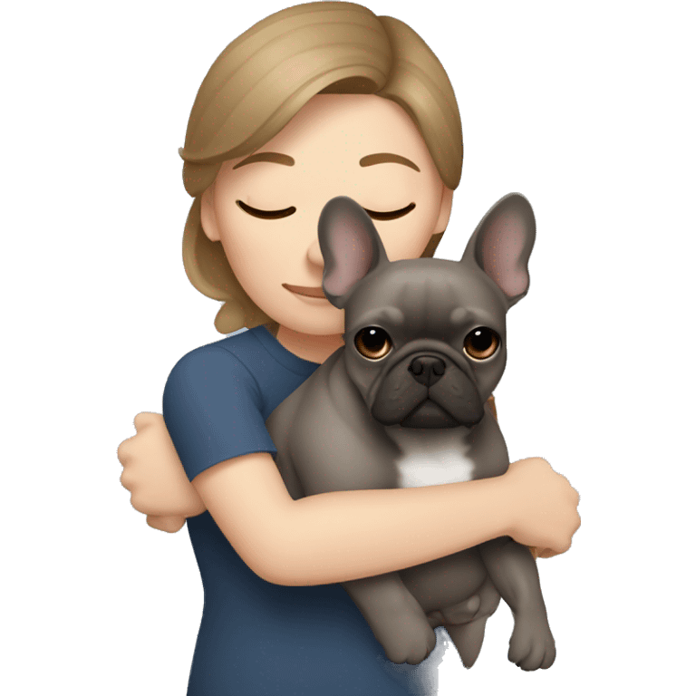 light brown hair woman hugging a dark gray french bulldog emoji