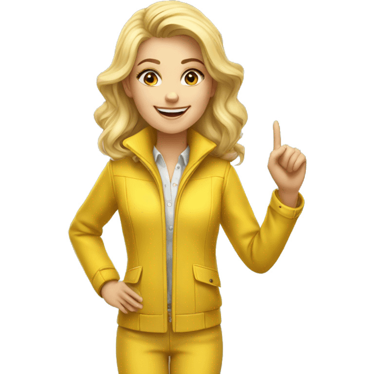 a beautiful blonde girl dressed in a yellow jacket suit. she is smiling and has one hand pointing at something above her. emoji